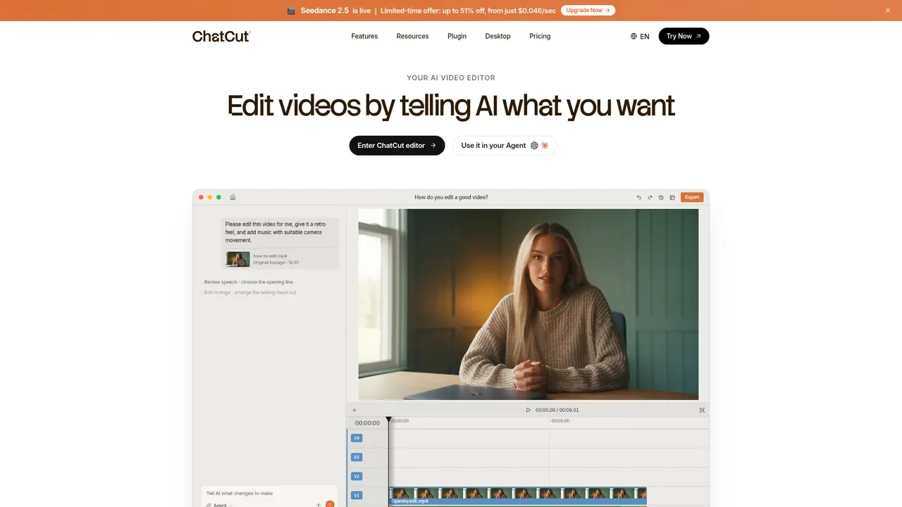 ChatCut 官网首页整页，展示 AI 视频编辑定位与创作者入口