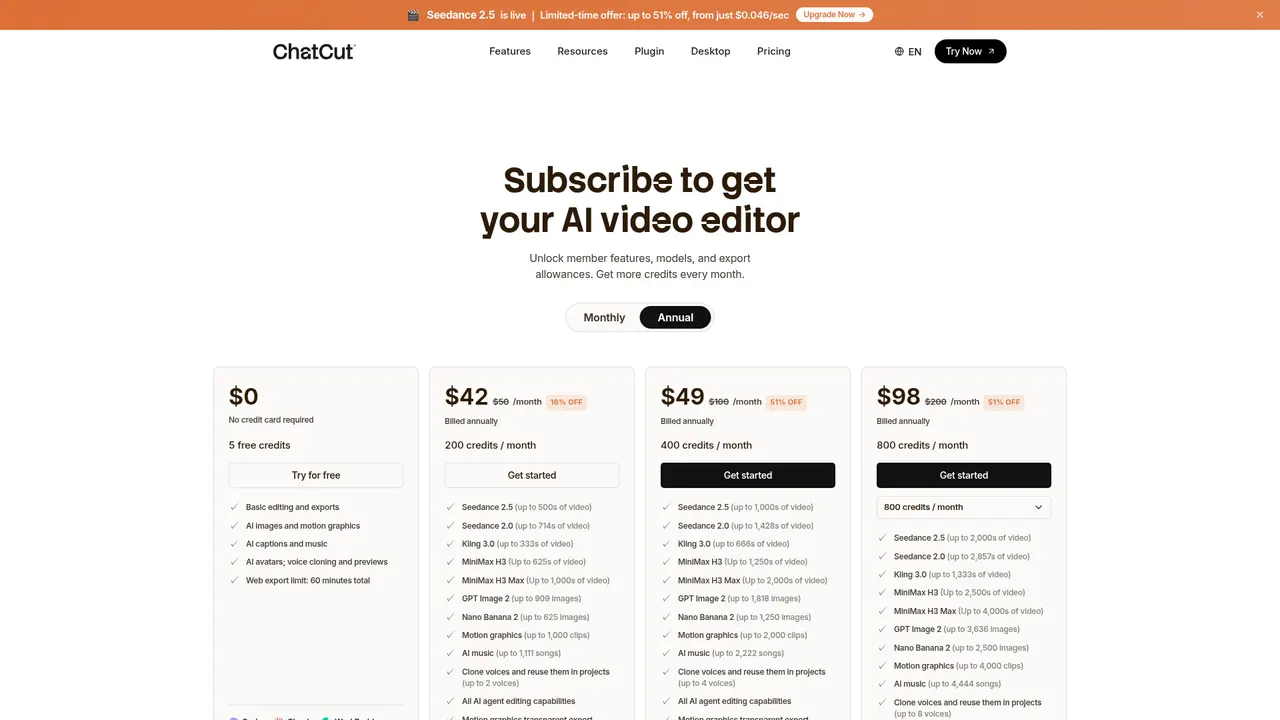 ChatCut 价格页整页：Free 与 Plus credits 档位及权益对比