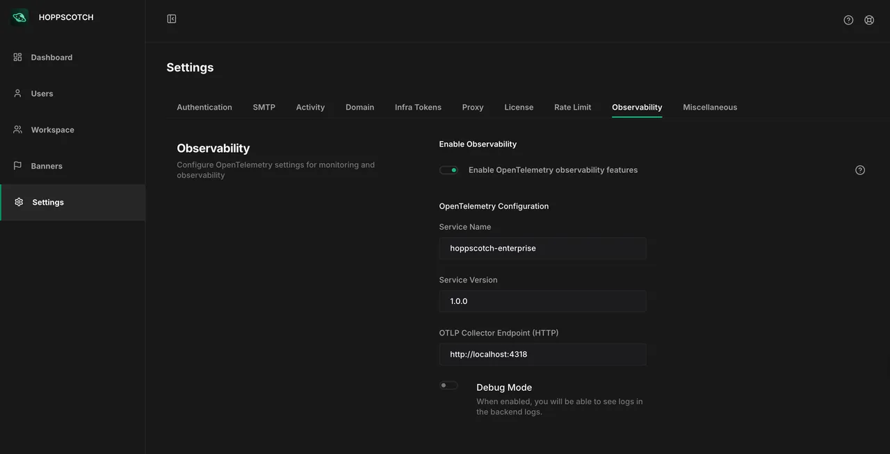 hoppscotch 与 OpenTelemetry 集成界面，展示对接可观测性组件时的配置与架构说明