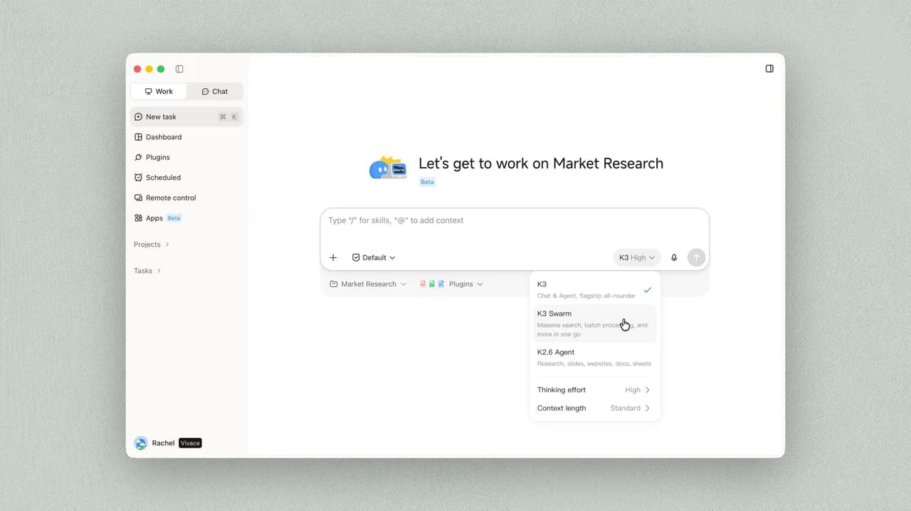 Kimi Work界面展示Market Research任务与K3 Swarm选项