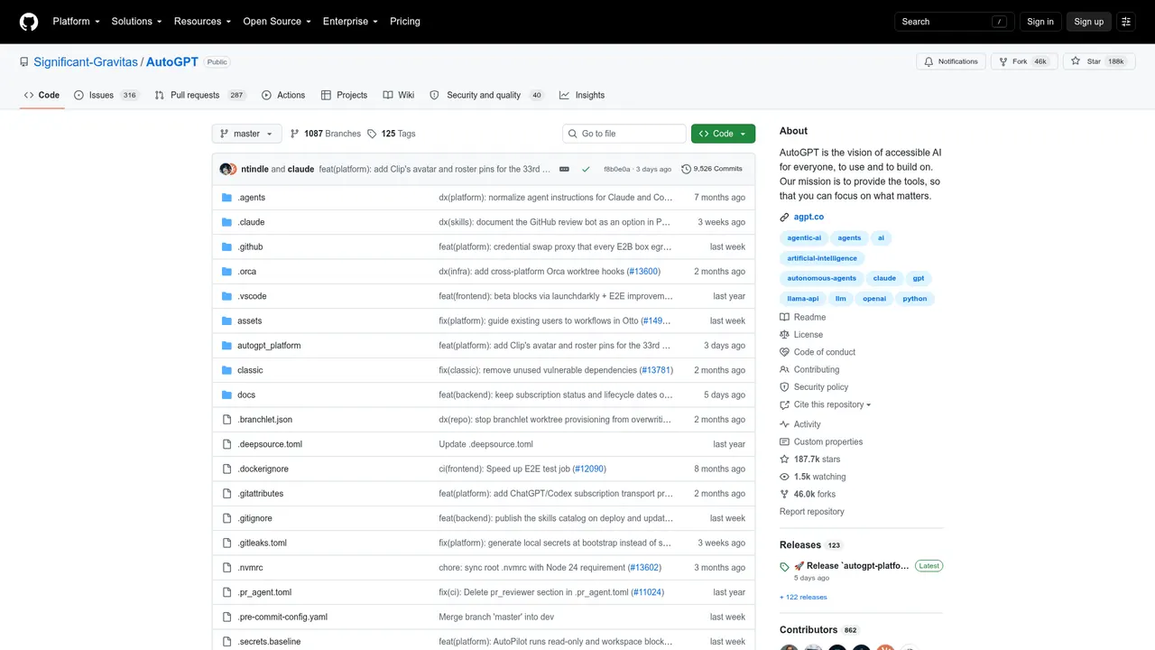 AutoGPT GitHub 仓库页整页，显示项目说明与 Star 等信息