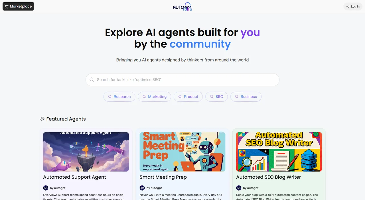 AutoGPT Marketplace 界面，展示可选用的社区现成智能体