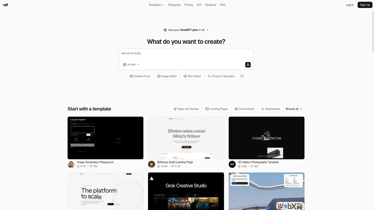 v0 官网首页整页，含创建入口与 starter 分类